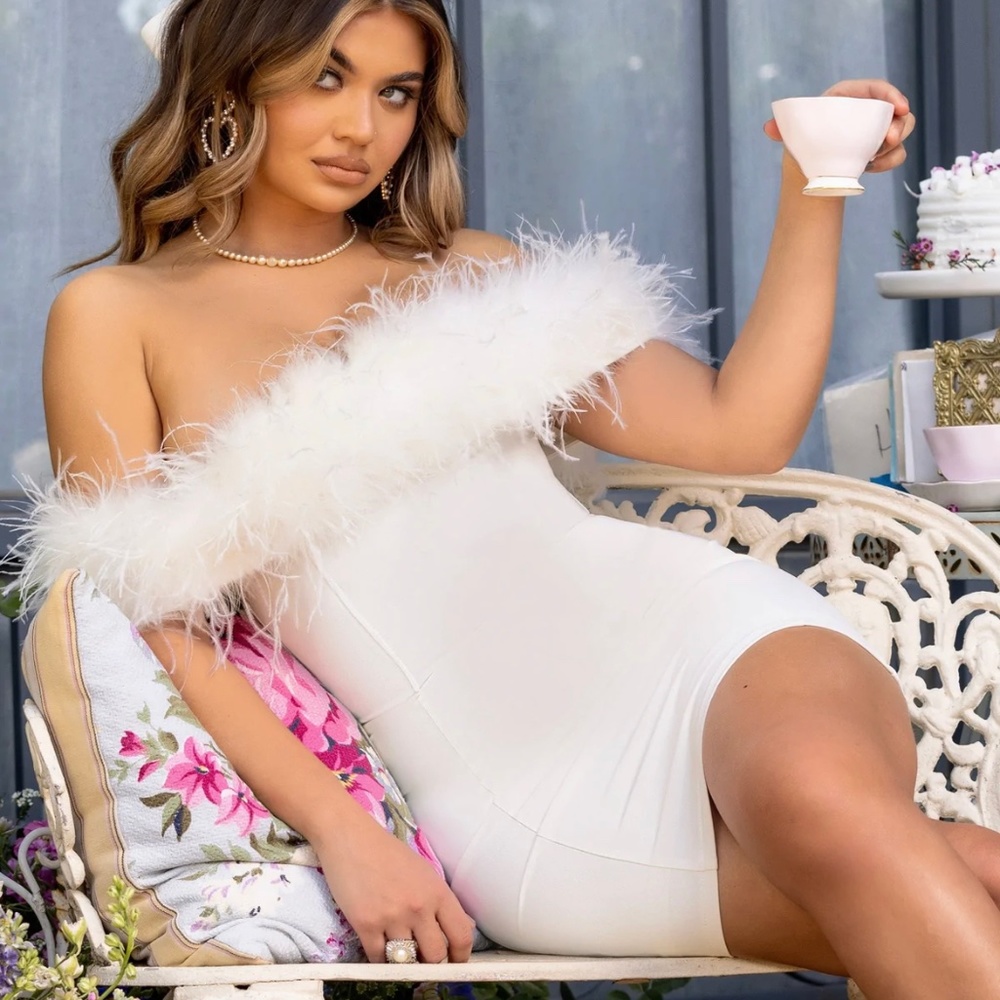 Club London - Brand New - white bardot feather mini dress